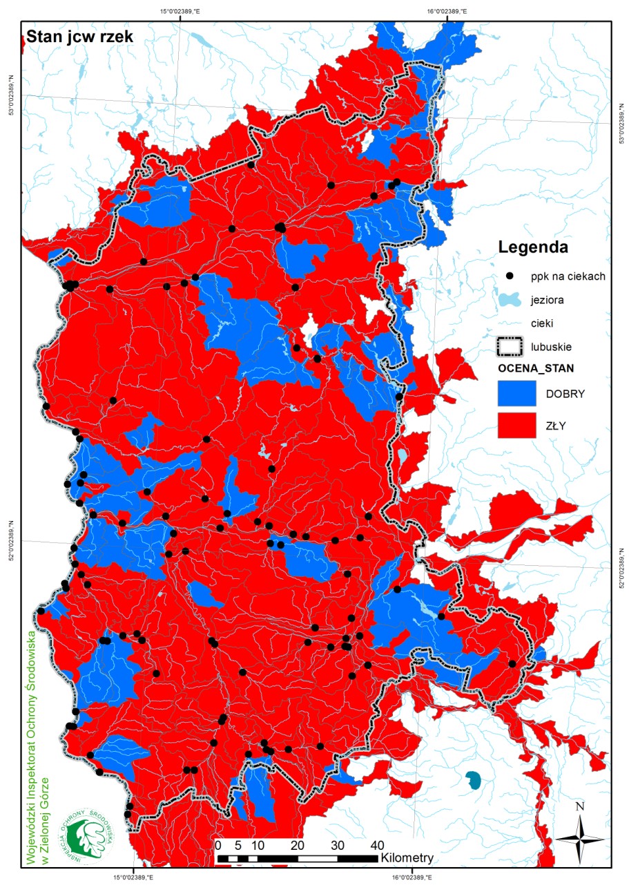 Rys. 6. Ocena stanu jednolitych części wód rzek w województwie lubskim badanych w 2012 r.