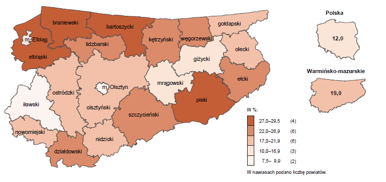 Mapa 1. Stopa bezrobocia w województwie warmińsko-mazurskim według powiatów (czerwiec 2014) Źródło: Urząd Statystyczny w Olsztynie 2.3.