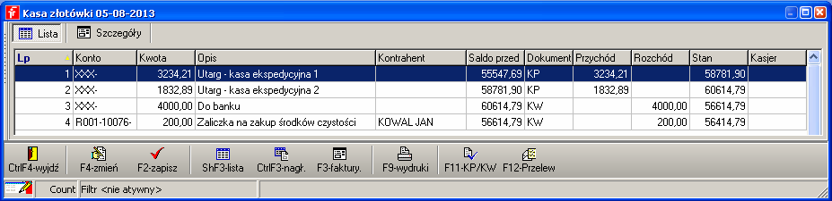 Wskaż właściwą kasę/rachunek bankowy i wejdź w zakładkę Raporty kasowe/wyciągi bankowe (Rys. 16-14).