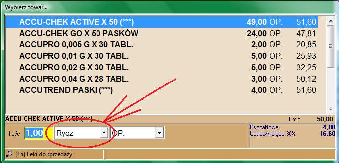 Rysunek 5-8 Wybór odpłatności ręczny Odpłatność zmieniamy za pomocą klawiszy + i - Przy wyborze leku czytnikiem lub dla leku wybranego z klawiatury, ale już z poziomu listy pozycji recepty (rysunek