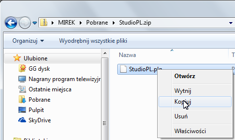 Aby zapisać plik StudioPL.zip, zawierający polską wersję obsługi programu, kliknij przycisk Zapisz w okienku wyświetlonym na dole ekranu.