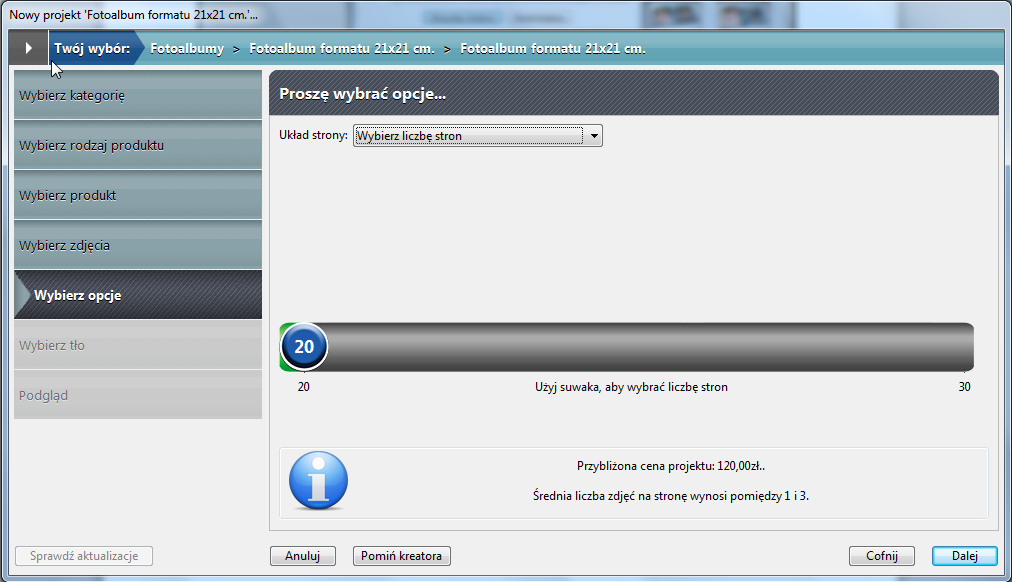 Opcja z kreatorem podpowiada kolejne czynności podczas projektowania fotoksiążki lub fotoalbumu.