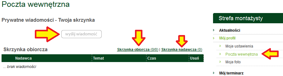 4.2.2 Poczta wewnętrzna Tutaj przeczytasz wiadomości, które inni Użytkownicy lub administracja wysłała tylko do Ciebie. Możesz także napisać Prywatne Wiadomości (PW) do innych Użytkowników Portalu.