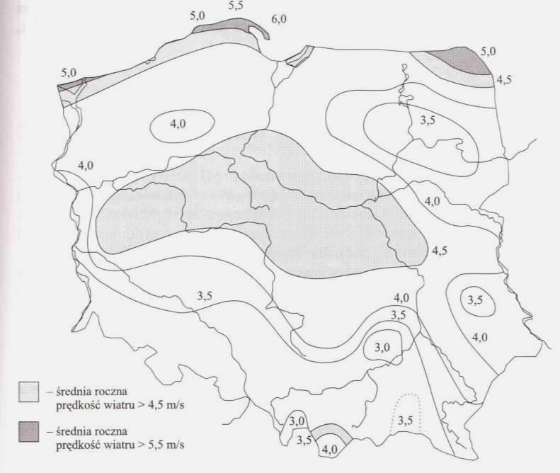 Energia wiatru możliwości wykorzystania w Polsce Średnia prędkość wiatru: Lato 3,4 m/s Zima