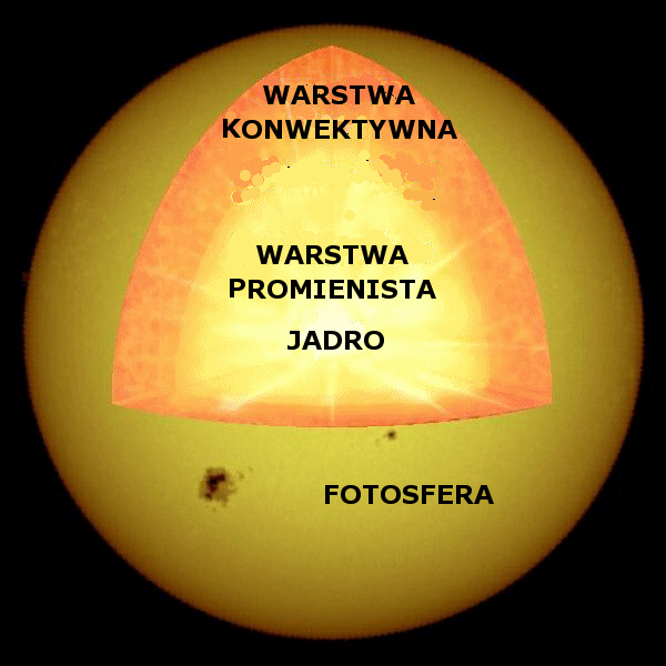 BUDOWA WEWNĘTRZNA SŁOŃCA T cent =15.5 mln K, P cent =3 10 11 atm, ρ cent =153 g/cm 3 X=0.73 Y=0.25 Z=0.