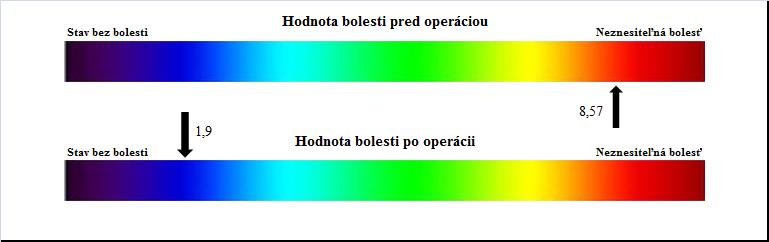 Graf 3 Hodnotenie bolesti Vyhodnotením odpovedí respondentov sme zistili, že priemerná číselná hodnota bolesti respondentov pred operáciou bola 8,57 a priemerná číselná hodnota bolesti respondentov