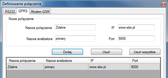 Łącze GPRS Konfiguracja tego trybu wymaga aktywacji opcji Plik z Menu Głównego, wyboru funkcji Połączenia (lub po kliknięciu ikony na pasku szybkiego dostępu) oraz wywołania zakładki GPRS.