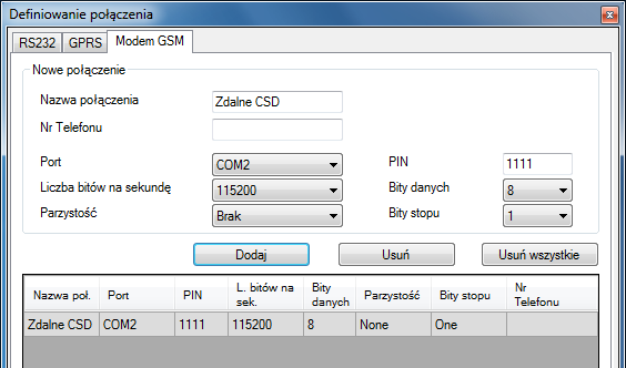 Parametry portu szeregowego: Liczba bitów/sek. (np. 115200), Bity danych (8), Parzystość (brak), Bity stopu (1). Kliknięciem przycisku [Dodaj] zatwierdzamy ustawienia.