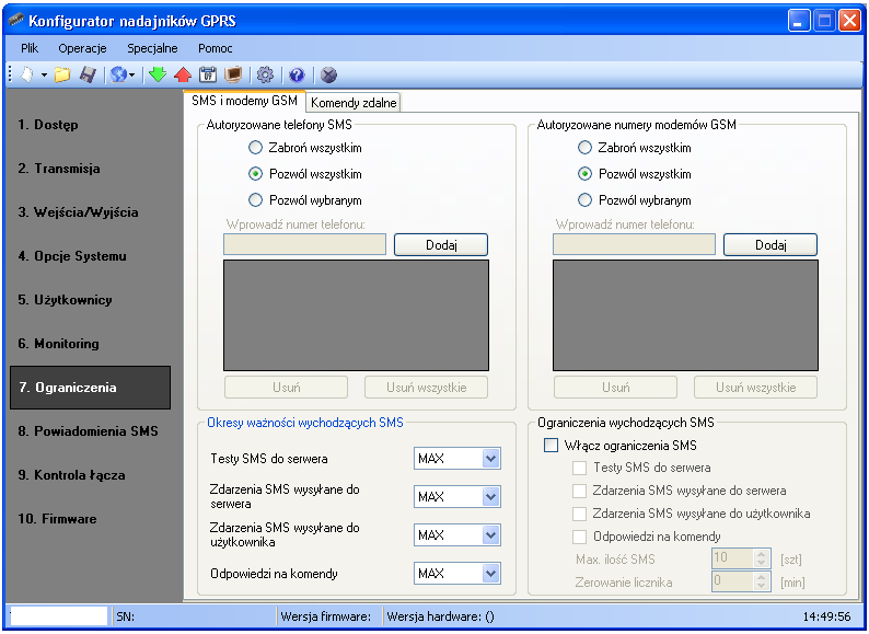 8.7.1.1. Autoryzowane telefony SMS Użytkownik może ograniczyć zdalny dostęp do urządzenia (poprzez SMS) do określonych numerów telefonów.