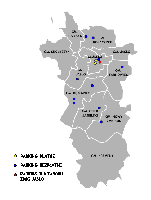 Mapa 4. Lokalizacja parkingów płatnych i bezpłatnych na terenie powiatu jasielskiego Źródło: Opracowanie własne na podstawie danych otrzymanych z urzędów gmin powiatu jasielskiego Tabela 15.