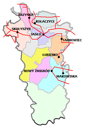 Kolejna mapa przedstawia linie funkcjonujące na podstawie zezwoleń wydanych przez Marszałka Województwa Podkarpackiego, na obszarze powiatu jasielskiego. Mapa 6.