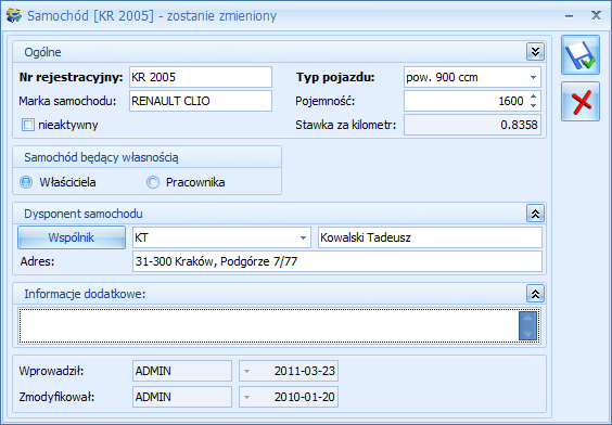 Podręcznik Użytkownika systemu Comarch OPT!MA Str. 117 Stawka za kilometr pobierana z Konfiguracji programu na podstawie zaklasyfikowania odpowiedniego Typu pojazdu.