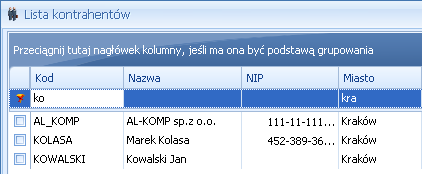 Str. 22 Moduł Księga Podatkowa, Środki Trwałe v. 2012 Rys. 19 Zaznaczone pozycje na liście faktur Bez zaznaczenia wywołanie operacji seryjnej zaznacza aktualny rekord i wykonuje operację. 2.2.8 Filtrowanie Filtr jest narzędziem wspomagającym przeszukiwanie list.