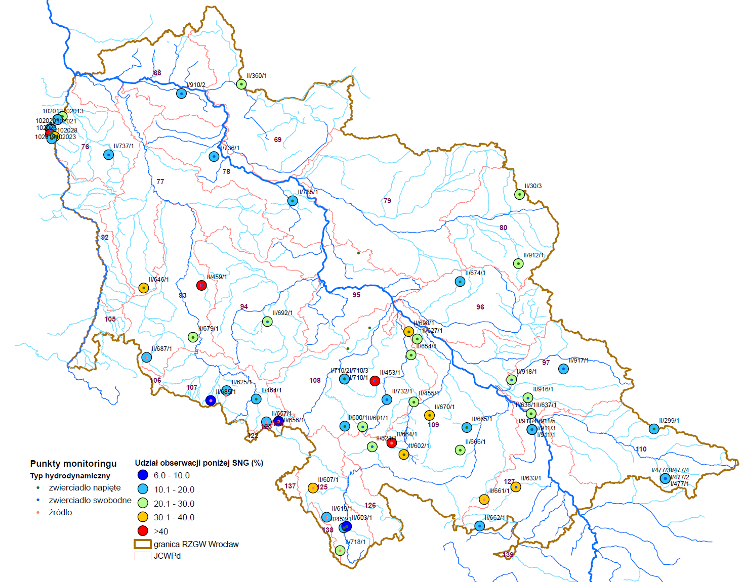 Rysunek 4.2.4.4 Mapa rozkładu udziału dni z obserwacjami zwierciadła wód podziemnych poniżej SNG Na mapie (Rysunek 4.2.4.4) przedstawiono procentowy udział dni z obserwacjami poziomu zwierciadła wód podziemnych (wydajności źródeł) poniżej stanu SNG/SNQ.