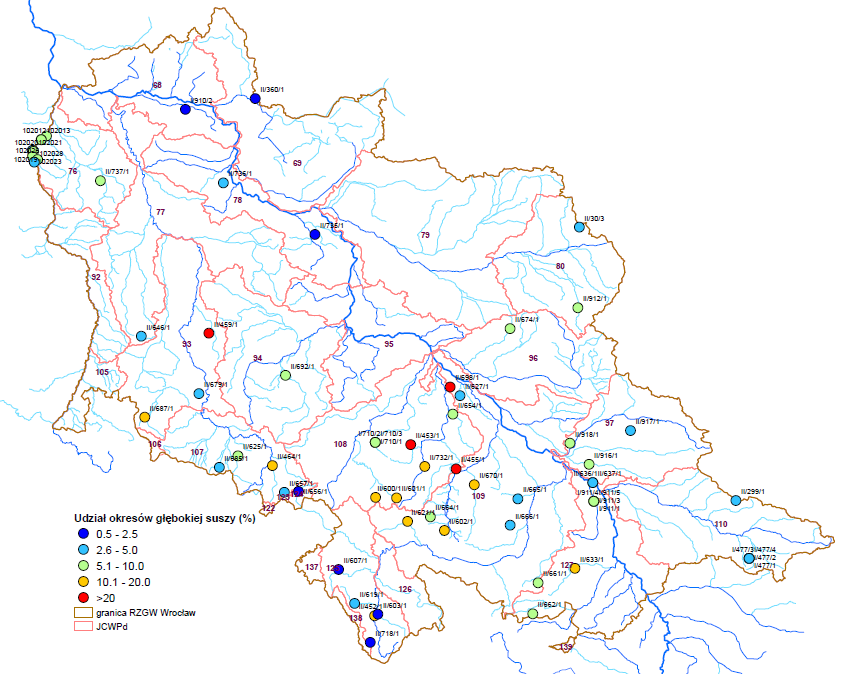 Rysunek 4.2.4.6 Mapa występowania okresów głębokiej suszy hydrogeologicznej Po przedstawieniu na mapach (Rysunek 4.2.4.6, Rysunek 4.2.4.7.