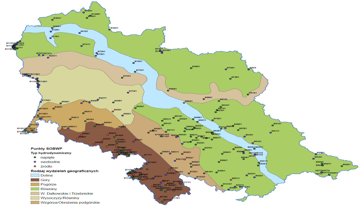 Rysunek 4.2.4.9 Rozkład punktów monitoringu na tle rodzaju wydzieleo geograficznych.