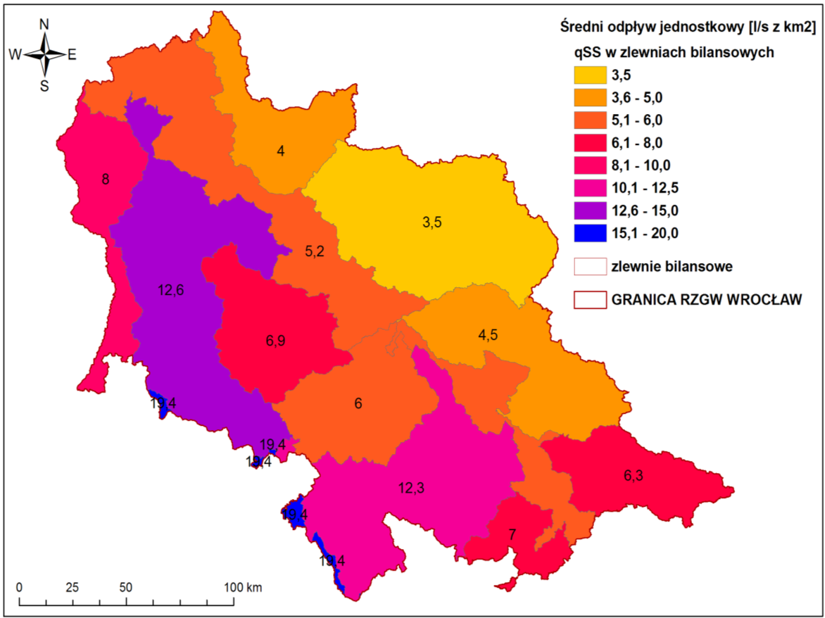 zasobami wód powierzchniowych cechuje się zlewnia Baryczy, moduł średniego odpływu wynosi niespełna 3,5 l/s z km 2.