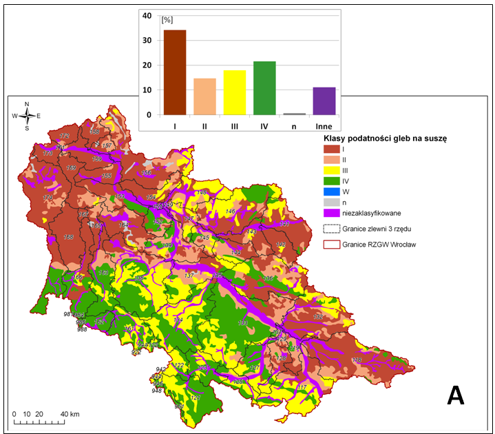 produkcji rolnej to zlewnie o numerach (nazwy zlewni w załączniku nr II.4.): 118, 141, 142, 154, 155, 156, 157, 158, 159, 164, 165, 168, 169, 171, 172, 173, 174. Rysunek 4.2.1.1 Mapa kategorii glebowych o różnej podatności na suszę rolniczą - (klasyfikacja na podstawie IMGW-PIB Puławy http://www.