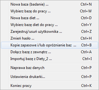 3. PRACA Z PROGRAMEM Dieta 5.D Podopcje zakładki Plik z menu łówneo: 3.1. Początek pracy. Użytkownicy i hasła dostępu Użytkownicy proramu dzielą się na trzy rupy: A.