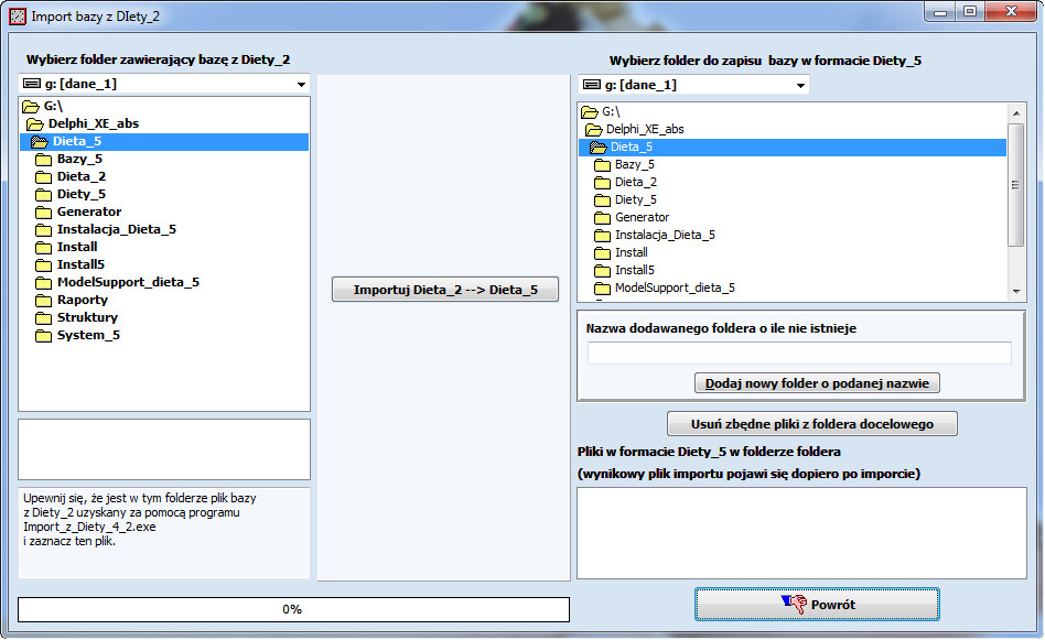 Następnie w oknie po prawej stronie wybieramy folder do umieszczenia bazy w formacie Diety_5 poprzez dwukrotne kliknięcie istniejąceo foldera lub dodanie noweo foldera wskazując jeo nazwę w polu