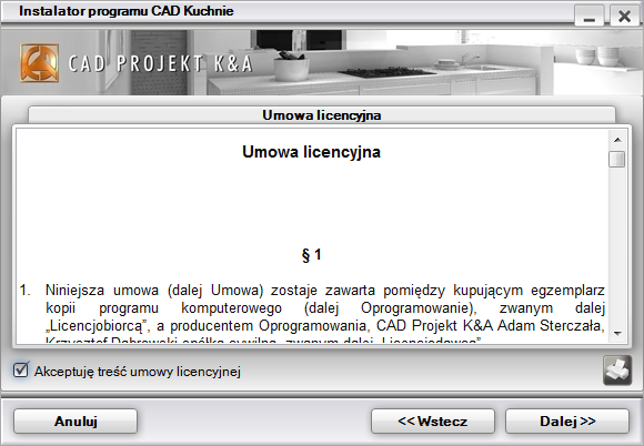 Po wybraniu opcji Dalej >> otworzy się okno z umową licencyjną (Rys. 12). Można ją wydrukować przy użyciu przycisku.