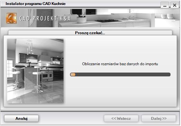 Jeśli na Twoim komputerze znajduje się program CAD Kuchnie w wersji 5.6 lub 6.0, to po kliknięciu Dalej >> instalator obliczy rozmiar baz dostępnych do importu (Rys.