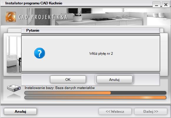 Gdy będą instalowane lub importowane bazy danych, użytkownik będzie informowany, jaki rodzaj baz jest aktualnie kopiowany (w centralnej części okna), jaka baza dokładnie jest w danej chwili