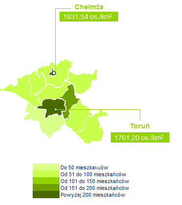 Mapa 3 Gęstość zaludnienia w Bydgoskim i Toruńskim Obszarze Funkcjonalnym Źródło: Opracowanie własne na podstawie: BDL, dostęp 21.04.