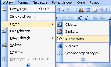 Tam używając pozycji Kształty podstawowe oraz Schemat blokowy wybieramy odpowiednie formy