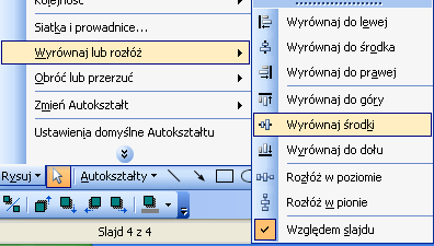 Następnie klikając przycisk Rysuj na pasku Rysowania dla zaznaczonego rysunku plaży wybieramy Wyrównaj lub rozłóż