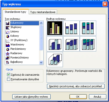 Potem klikając w obrębie wykresu prawym przyciskiem możemy przejśd do pozycji Typ wykresu... Dalej dokonujemy wyboru zgodnego z poleceniem zawartym w treści dwiczenia.