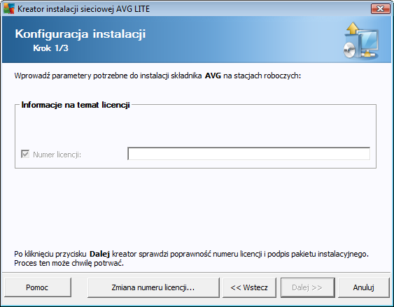 Kreator instalacji sieciowej AVG Lite pozwala użytkownikowi szybko przejść przez proces tworzenia skryptu. Skrypt może później posłużyć do instalacji systemu AVG na stacjach roboczych. 8.2.1.