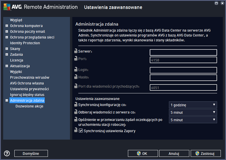 9.1.2. Administracja zdalna Ustawienia Administracji zdalnej dostępne w programie AVG Admin Console zawierają kilka dodatkowych opcji (w porównaniu z ustawieniami stacji roboczej).