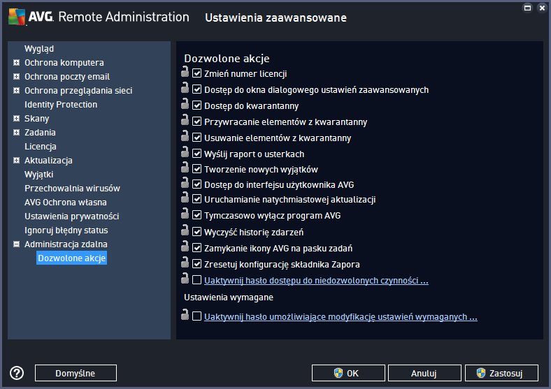 Dostęp do tej funkcji można uzyskać z poziomu Administracji zdalnej po wybraniu w głównym drzewie pozycji Dozwolone akcje.