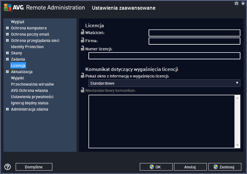 9.1.4. Licencja Ustawienia licencji dostępne są tylko w programie AVG Admin Console. Dostępne opcje to: Nazwa właściciela wprowadź wymaganą nazwę właściciela. Firma wprowadź wymaganą nazwę firmy.