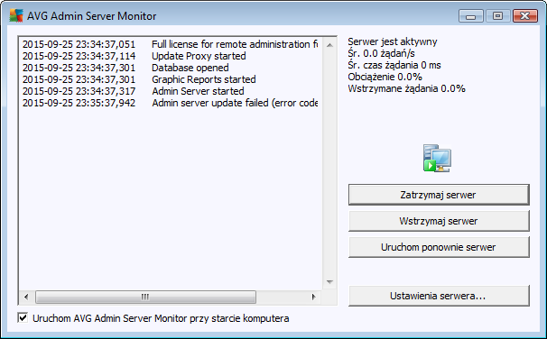 Jeśli ikona nie jest widoczna, program AVG Admin Server Monitor można otworzyć z menu start, wybierając opcje Wszystkie programy/administracja zdalna AVG/AVG Admin Server Monitor.