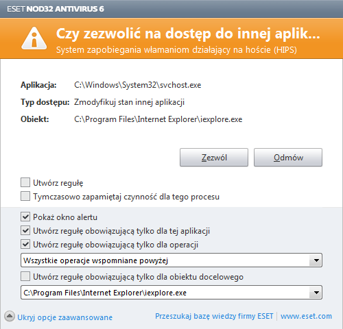 Jeśli jako domyślne działanie wybrano Pytaj, za każdym razem wyświetlane będzie okno dialogowe. Użytkownik może w nim wybrać opcję Odmów lub Zezwól jako reakcję na daną operację.