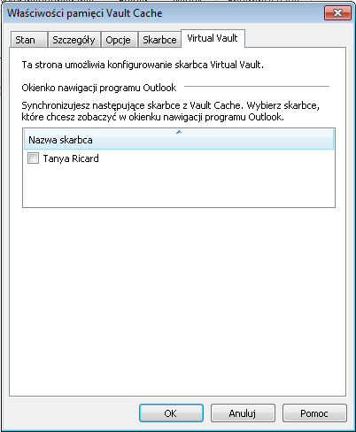 18 Konfigurowanie programu Enterprise Vault Wyłączanie autoarchiwizacji w programie Outlook 3 Na karcie Skarbiec wirtualny zaznacz lub usuń zaznaczenie nazwy skarbca, aby pokazać lub ukryć ją w