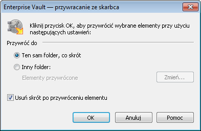 40 Przechowywanie i przywracanie elementów Przywracanie zarchiwizowanych elementów 3 Na karcie Enterprise Vault, w grupie Czynności kliknij pozycję Przywróć.