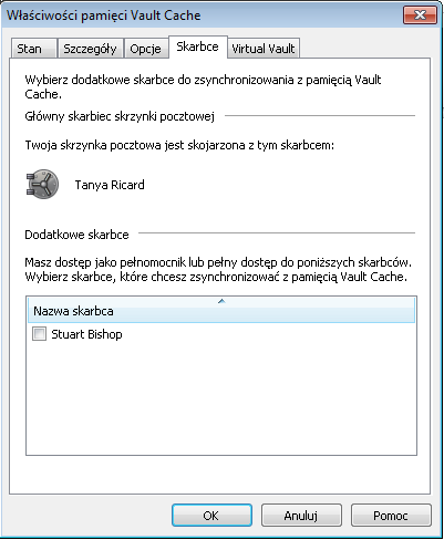 46 Zarządzanie archiwizacją w programie Enterprise Vault Wyświetlanie i zmiana właściwości pamięci Vault Cache 3 W oknie Właściwości pamięci Vault Cache kliknij kartę Skarbce.