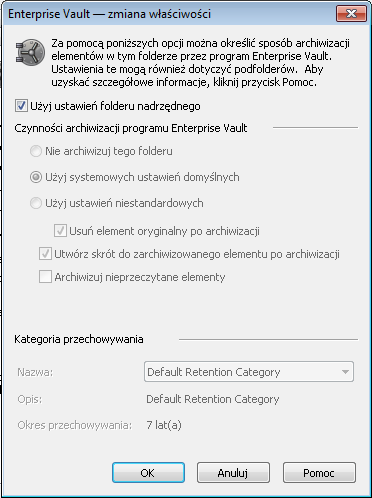 Zarządzanie archiwizacją w programie Enterprise Vault Ustawianie właściwości programu Enterprise Vault dotyczących skrzynki pocztowej lub folderu 51 3 Kliknij przycisk Zmień.