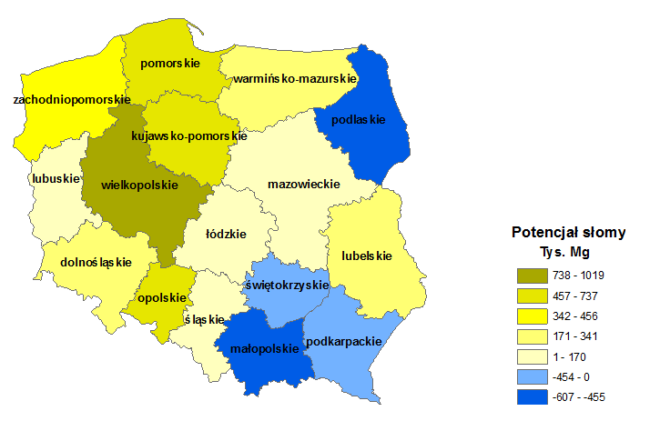 Rysunek 11.Potencjał słomy zbożowej i rzepakowej w Polsce (stan na rok 2011). źródło: bioenergiadlaregionu.