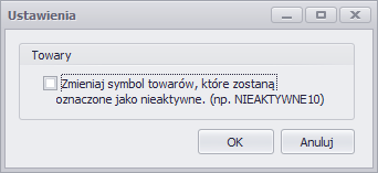 W ustawienia programu możemy ustawić, czy towary oznaczane jako nieaktywne