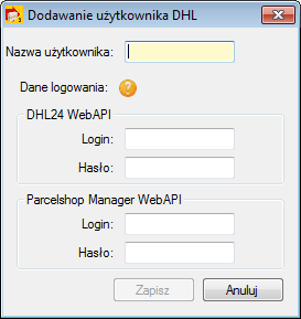 Aplikacja wymaga podania nazwy Użytkownika DHL (jest to nazwa dowolna, wykorzystywana tylko do potrzeb wewnętrznych aplikacji, nie musi być spójna z innymi danymi dostępowymi DHL) oraz danych
