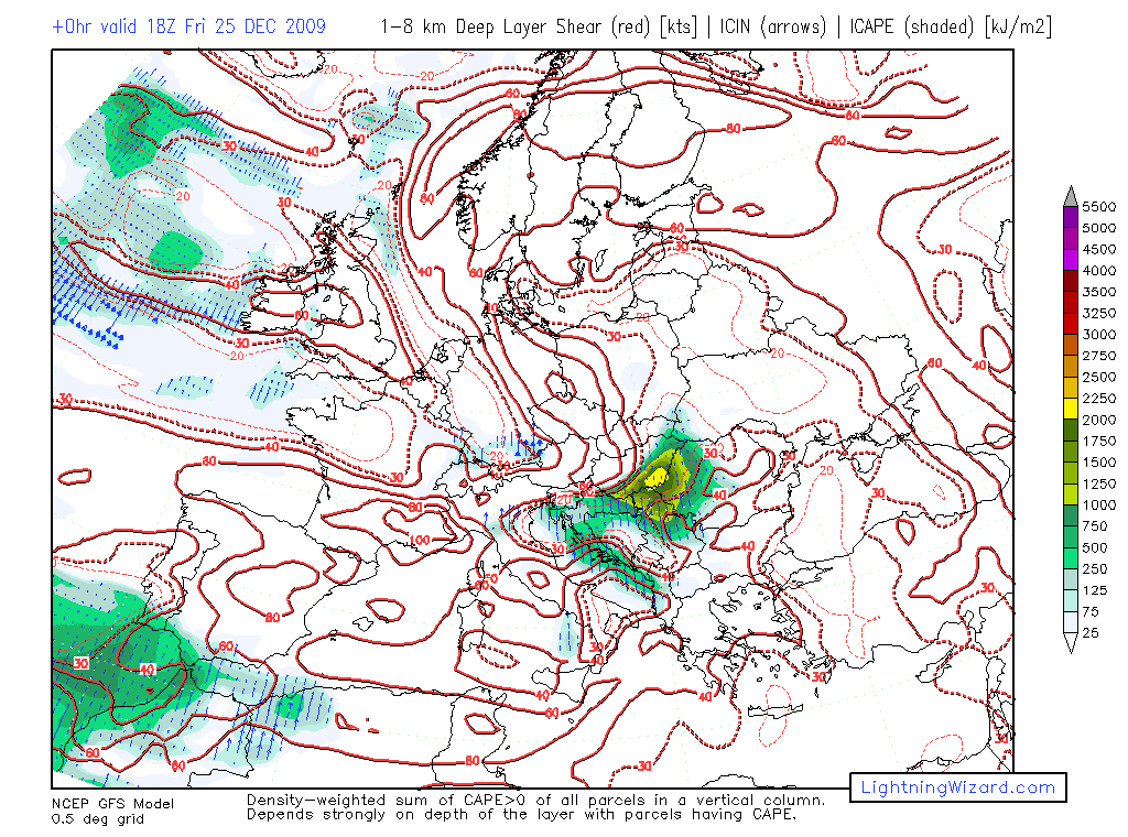 Sytuacja z 25.12.2009 (godz. 18 Z). Na Węgrzech obserwujemy prognozowane ekstremalne (jak na tę porę roku) wartości ICAPE rzędu ponad 2000 kj/m2.