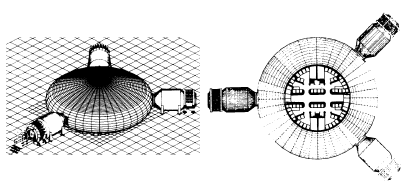 6.5. PRZYKŁADY PROPOZYCJI BAZ POZAZIEMSKICH 239 Rysunek 6.145: Koncepcja pneumatycznej bazy wg pomysłu Huebner-Moths i in. (1993) pomieszczenia kontrolne i techniczne.