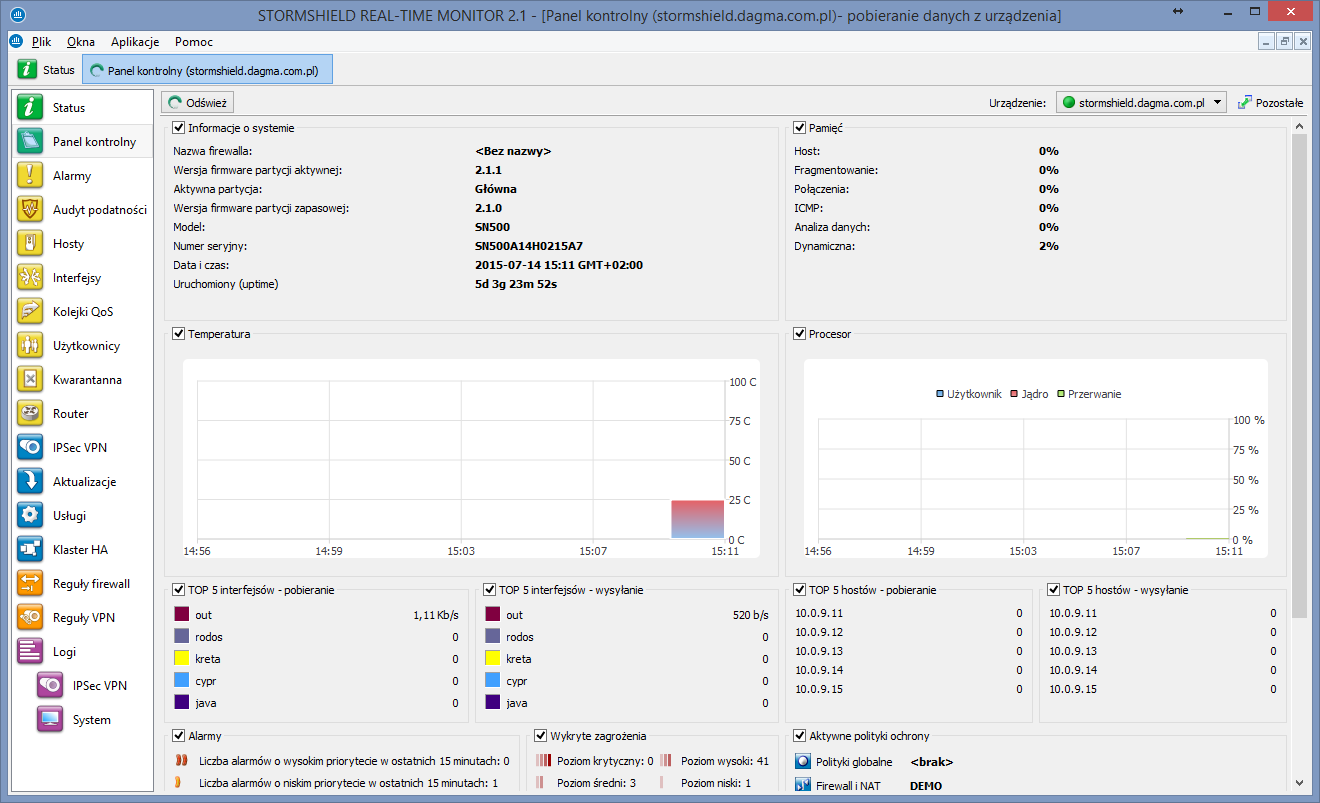 17. STORMSHIELD Real-Time Monitor Aplikacja STORMSHIELD Real Time Monitor (RTM) służy do monitorowania w czasie rzeczywistym pracy urządzenia oraz do monitorowania stanu sieci.