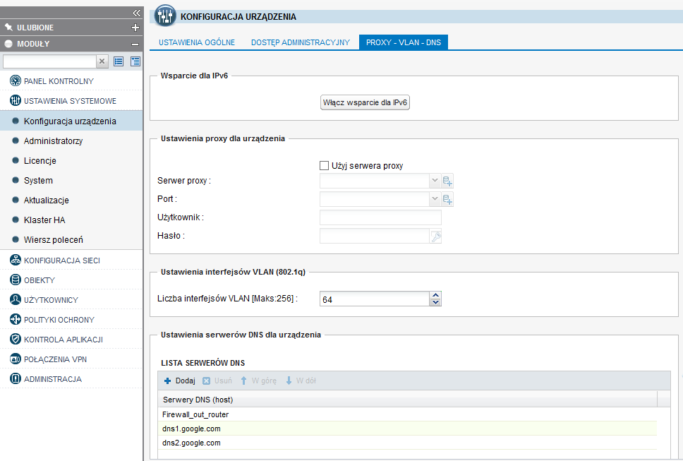 Jeśli STORMSHIELD do komunikacji z Internetem musi łączyć się przez zewnętrzny serwer Proxy, to na zakładce Proxy VLAN DNS można skonfigurować dane dostępowe do tego serwera.