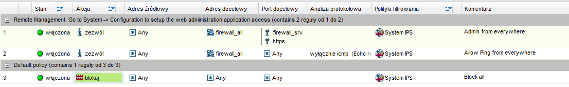 Górna część okna Firewall i NAT pozwala na zarządzanie slotami konfiguracyjnymi oraz regułami firewalla.