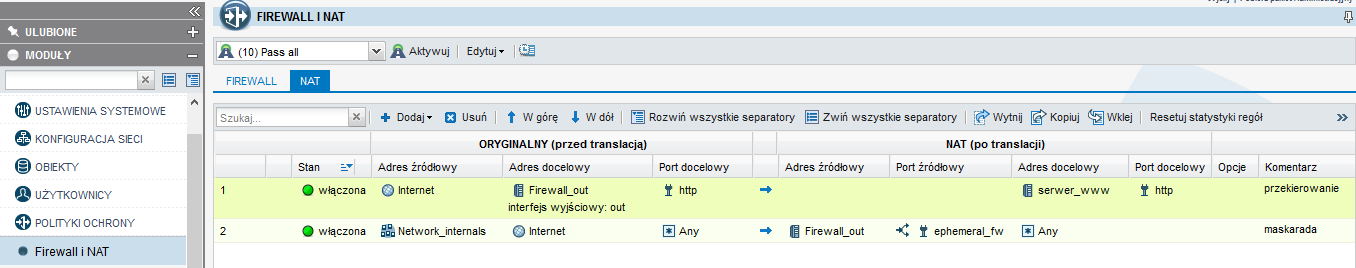 8. Konfiguracji translacji adresów (NAT) Translacja adresów nazywana również maskaradą IP jest mechanizmem tłumaczenia adresów prywatnych sieci lokalnej na adresy publiczne otrzymane od operatora.